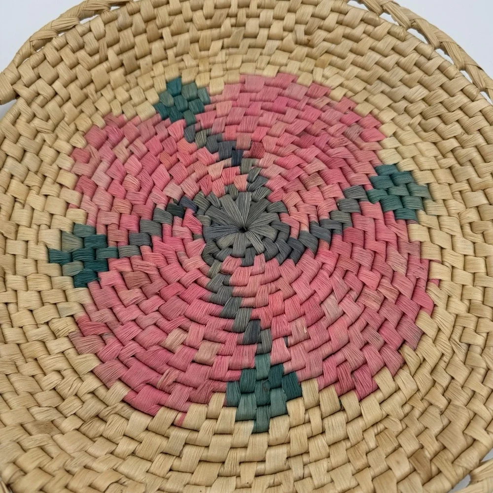 Handwoven Geometric Seagrass Straw Basket Tray w Handles Co Green Pink Flora 13